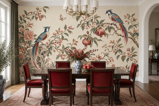 Chinoiserie Birds And Peonies Wallpaper Cream Background Wall Mural