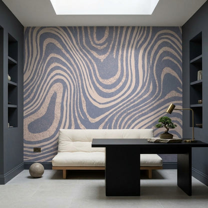 Abstract Topographic Contour Lines Wallpaper Textured Blue Cream Wall Mural