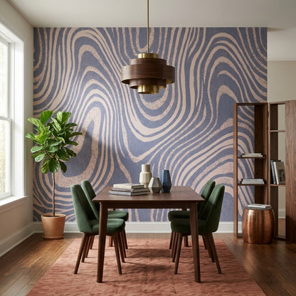 Abstract Topographic Contour Lines Wallpaper Textured Blue Cream Wall Mural