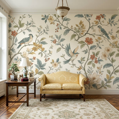 Chinoiserie Birds And Vines Wallpaper Vintage Botanical Wall Mural