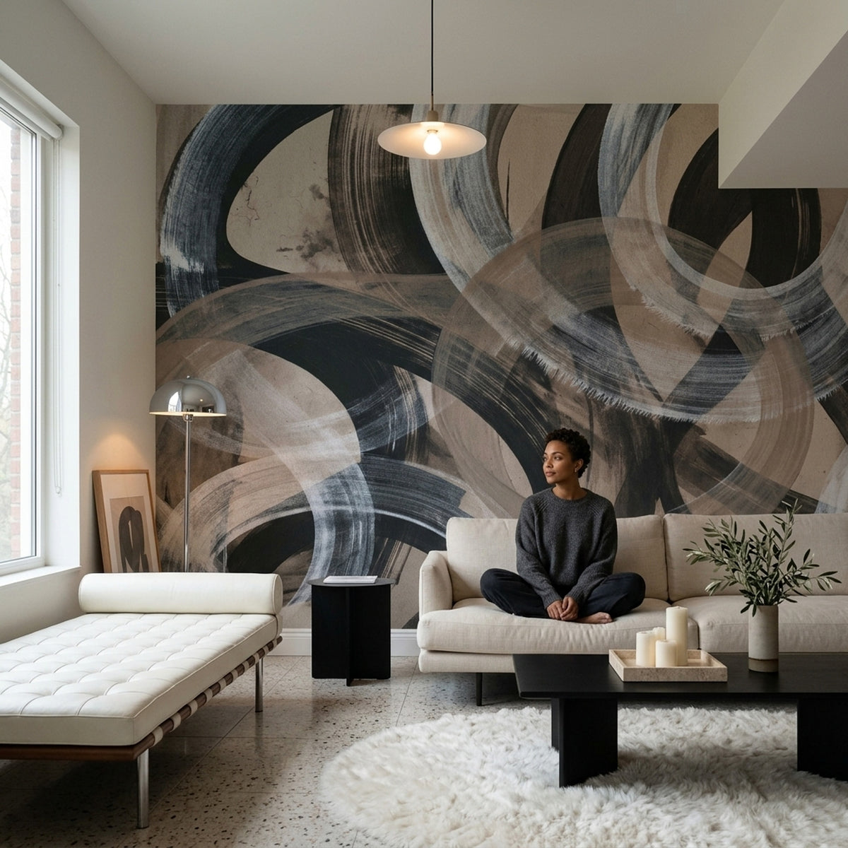 Abstract Arc Brushstroke Wallpaper Charcoal Taupe Wall Mural