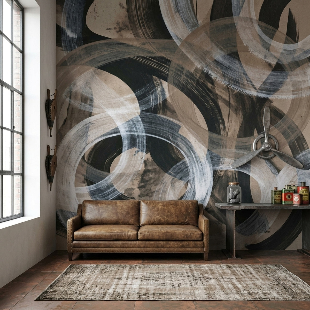 Abstract Arc Brushstroke Wallpaper Charcoal Taupe Wall Mural
