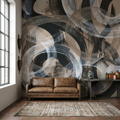 Abstract Arc Brushstroke Wallpaper Charcoal Taupe Wall Mural