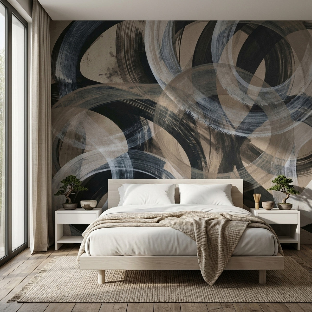 Abstract Arc Brushstroke Wallpaper Charcoal Taupe Wall Mural