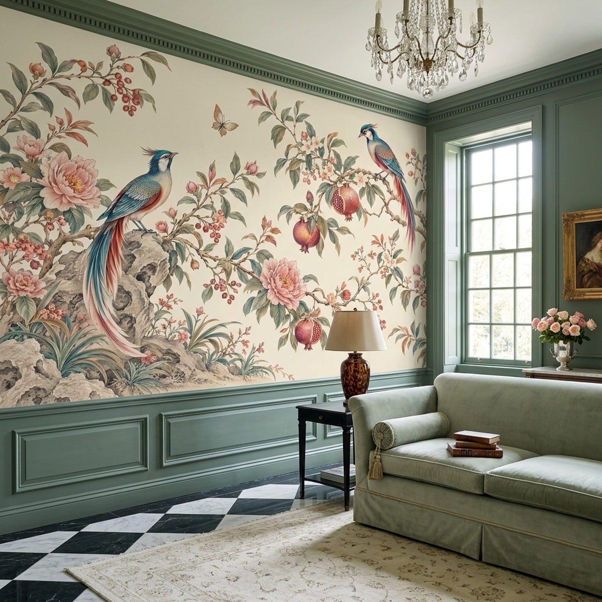 Chinoiserie Birds And Peonies Wallpaper Cream Background Wall Mural