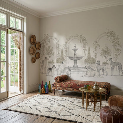 Toile Garden Dogs Wallpaper Ivory Classical Wall Mural