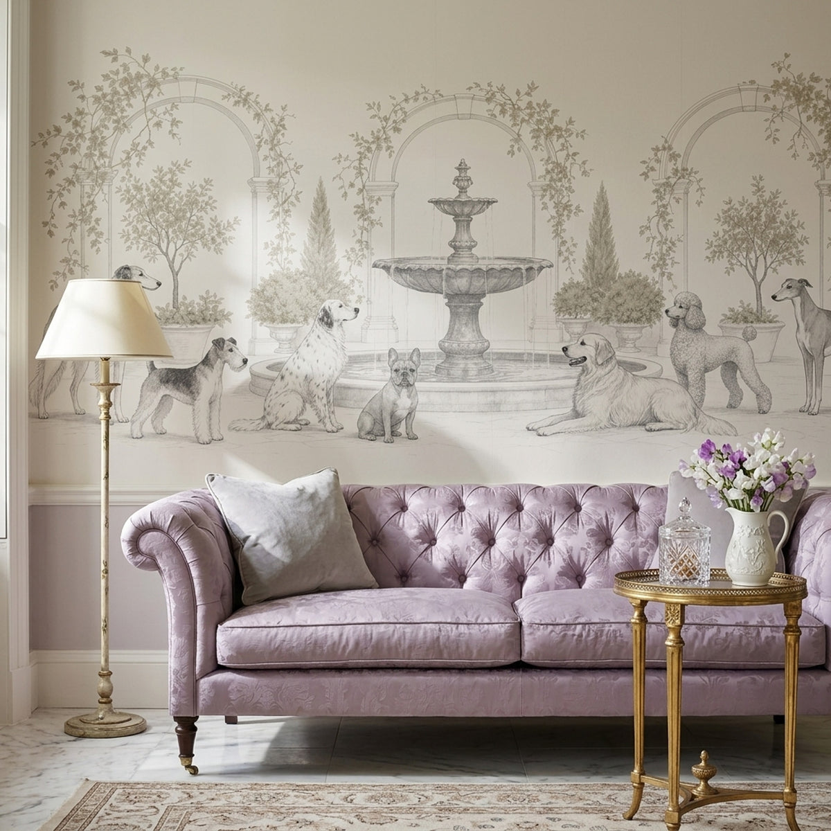 Toile Garden Dogs Wallpaper Ivory Classical Wall Mural