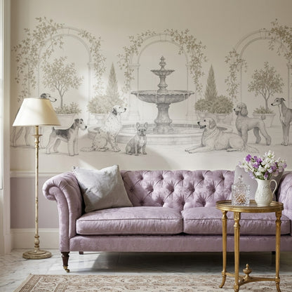 Toile Garden Dogs Wallpaper Ivory Classical Wall Mural