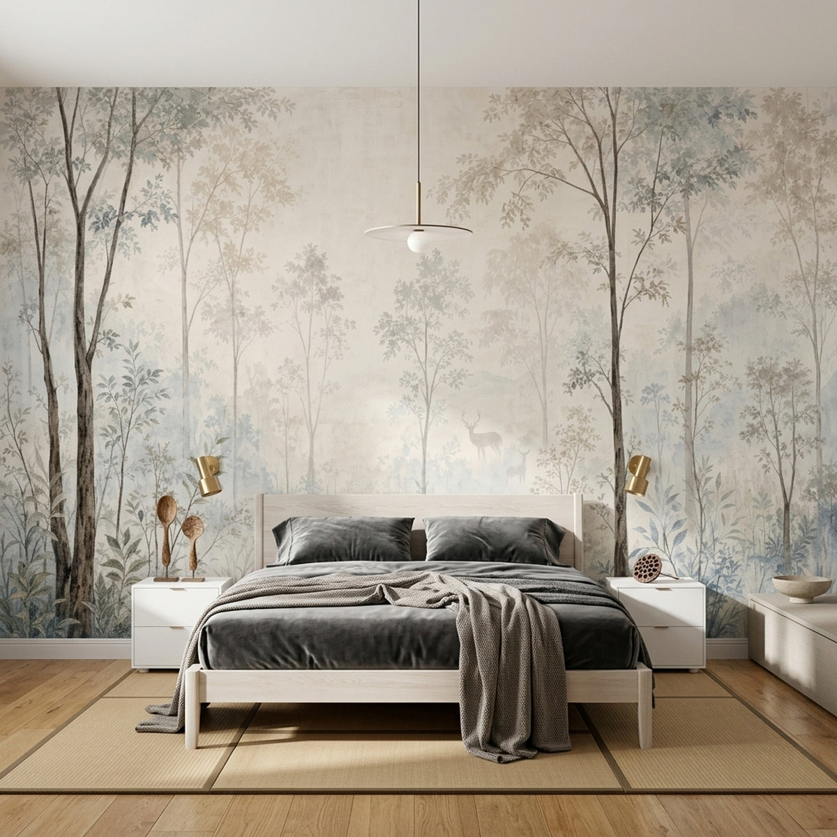 Misty Forest Deer Wallpaper Watercolor Woodland Wall Mural
