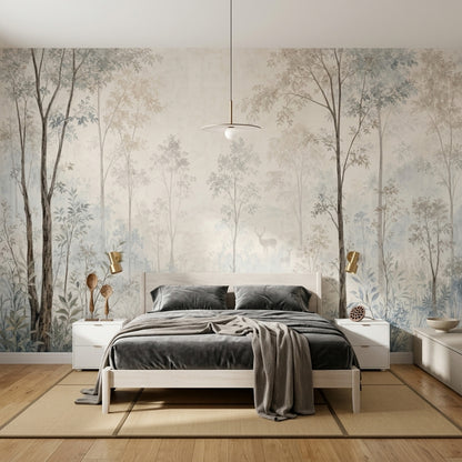 Misty Forest Deer Wallpaper Watercolor Woodland Wall Mural