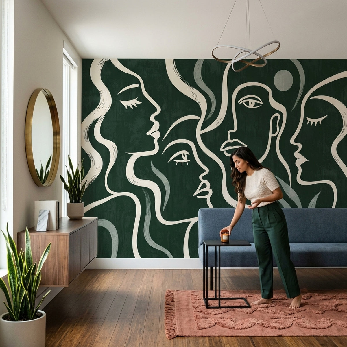 Line Art Faces Wallpaper Forest Green Wall Mural