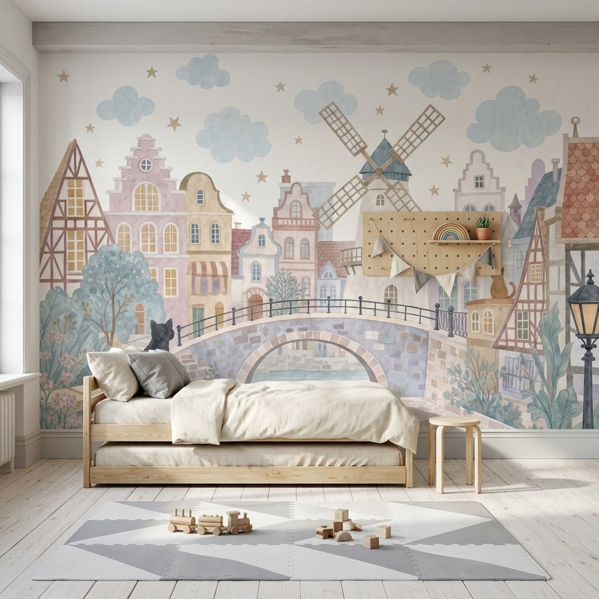 Watercolor Dutch Village Wallpaper Pastel Storybook Wall Mural