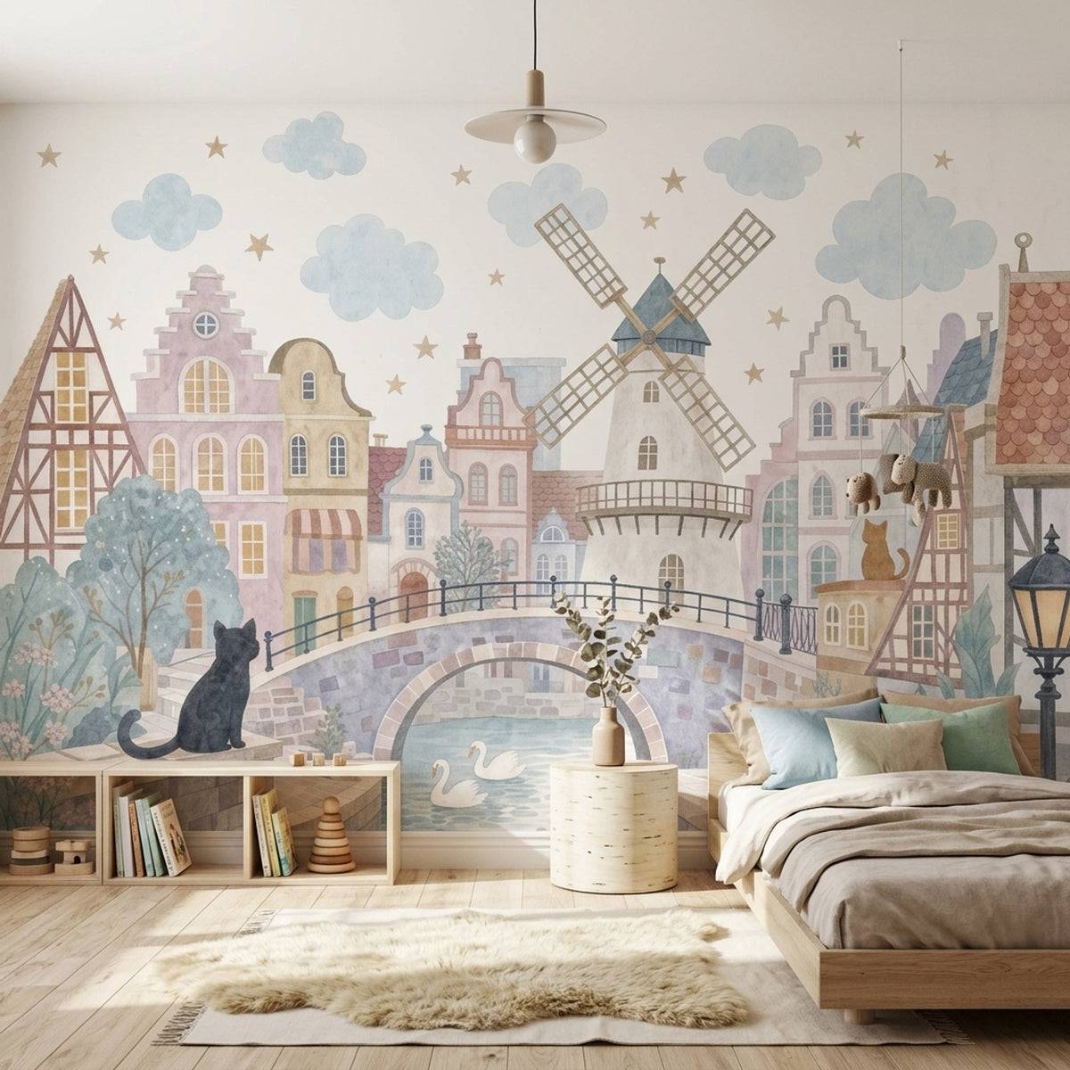 Watercolor Dutch Village Wallpaper Pastel Storybook Wall Mural