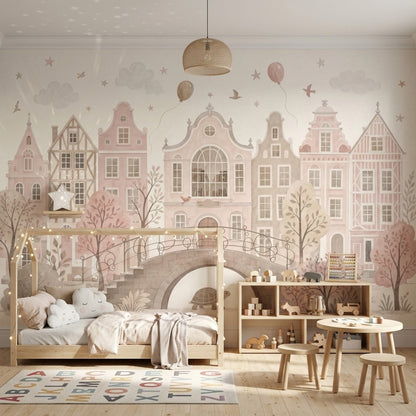 Pastel Dutch Houses Wallpaper Watercolor Cityscape Wall Mural