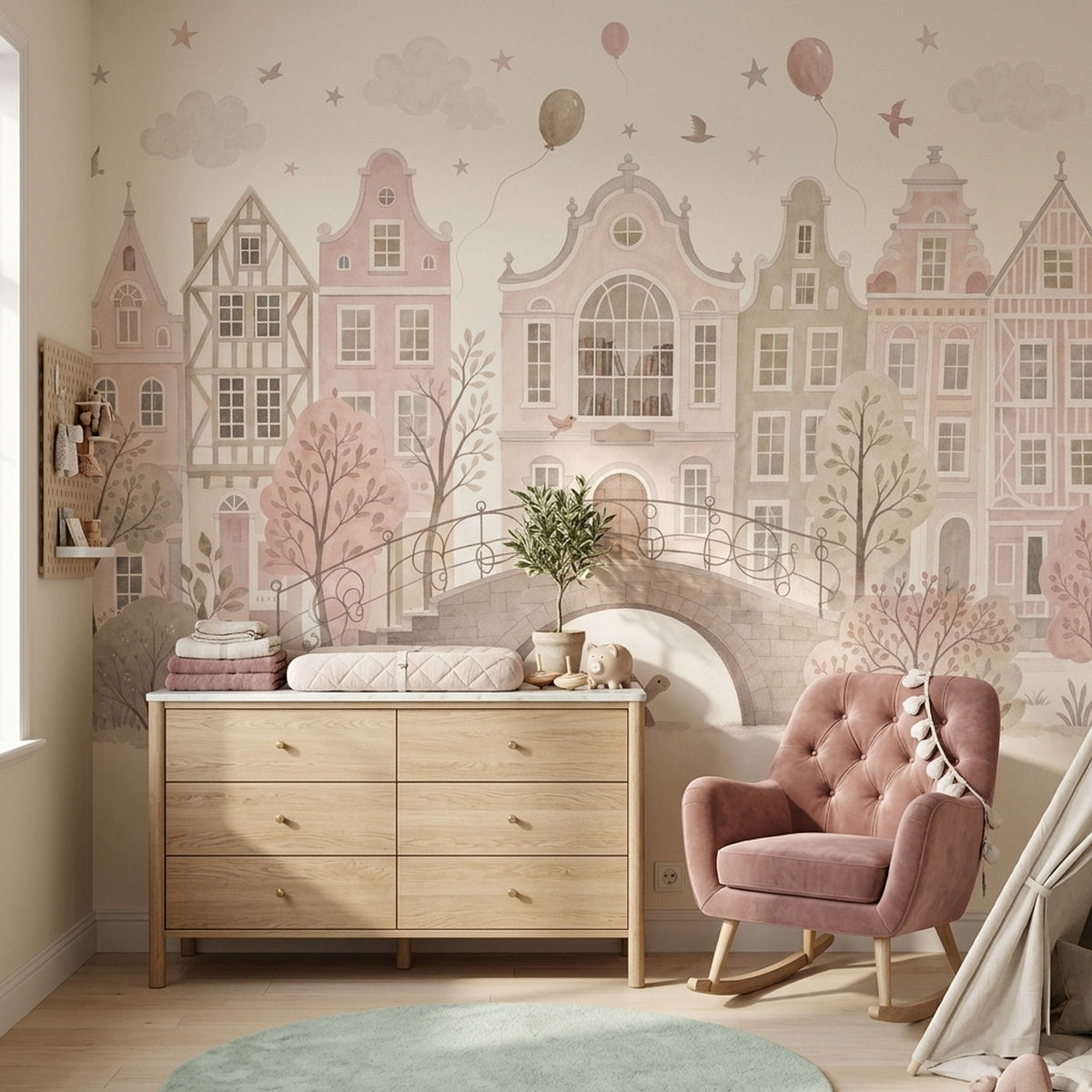 Pastel Dutch Houses Wallpaper Watercolor Cityscape Wall Mural