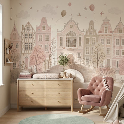 Pastel Dutch Houses Wallpaper Watercolor Cityscape Wall Mural