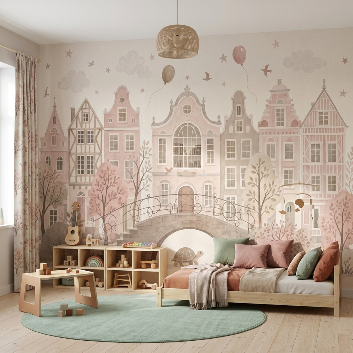 Pastel Dutch Houses Wallpaper Watercolor Cityscape Wall Mural