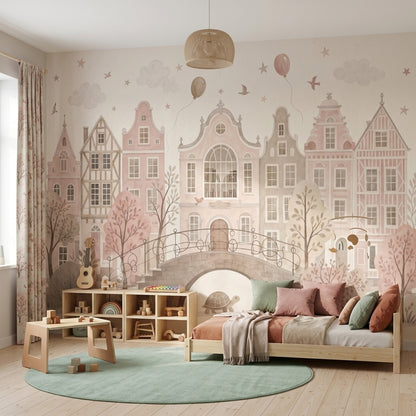 Pastel Dutch Houses Wallpaper Watercolor Cityscape Wall Mural