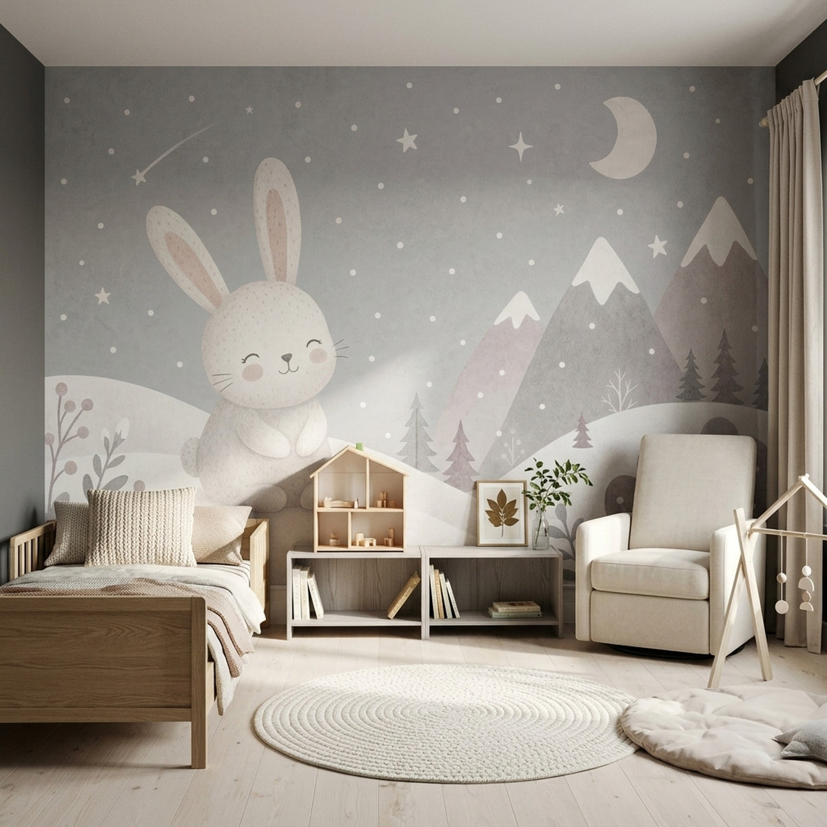 Bunny Winter Landscape Wallpaper Scandinavian Nursery Wall Mural