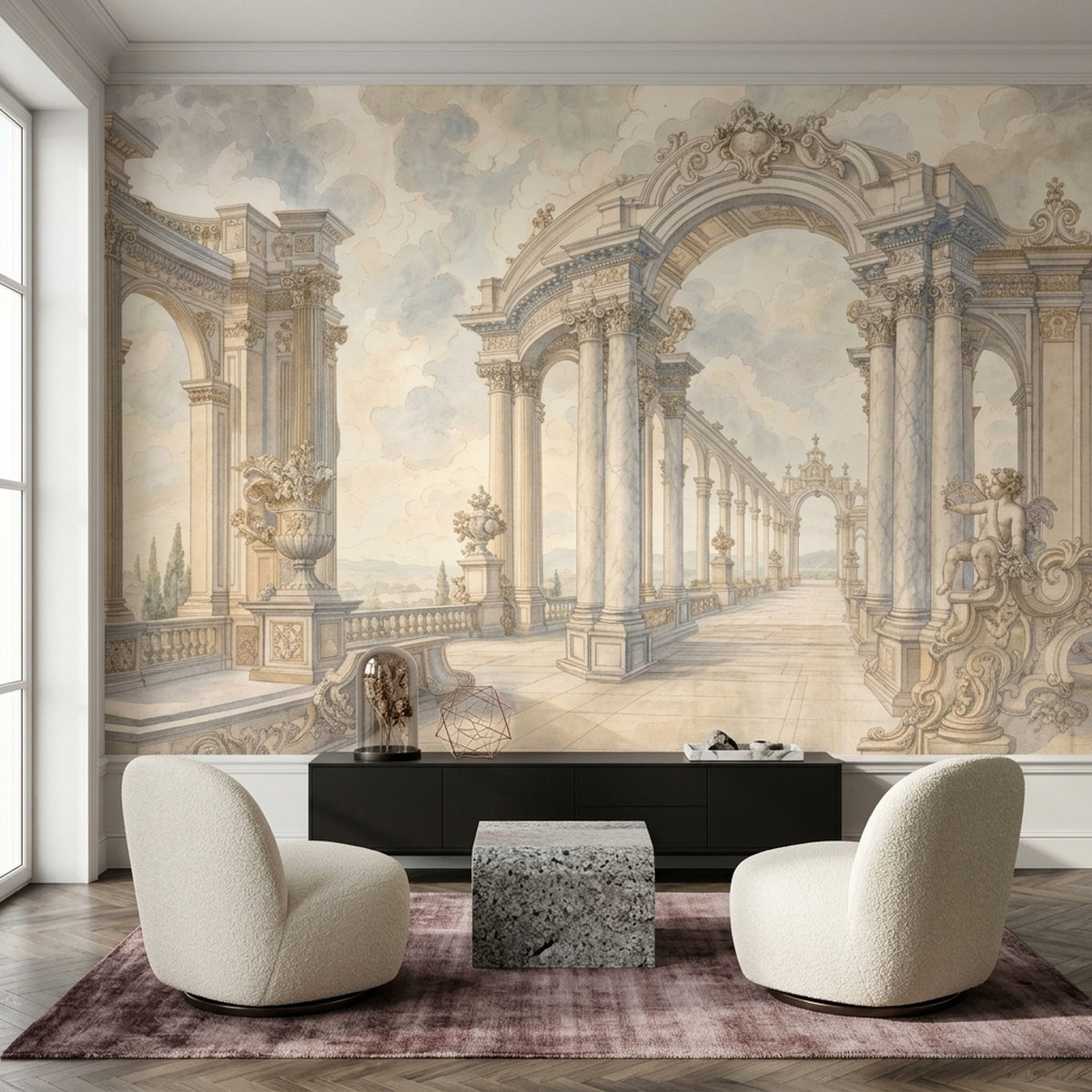 Classical Palace Terrace Wallpaper Cloudy Sky Wall Mural