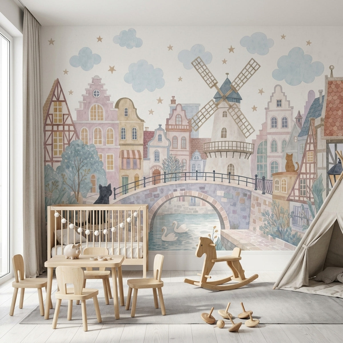 Watercolor Dutch Village Wallpaper Pastel Storybook Wall Mural