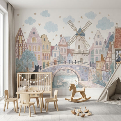 Watercolor Dutch Village Wallpaper Pastel Storybook Wall Mural
