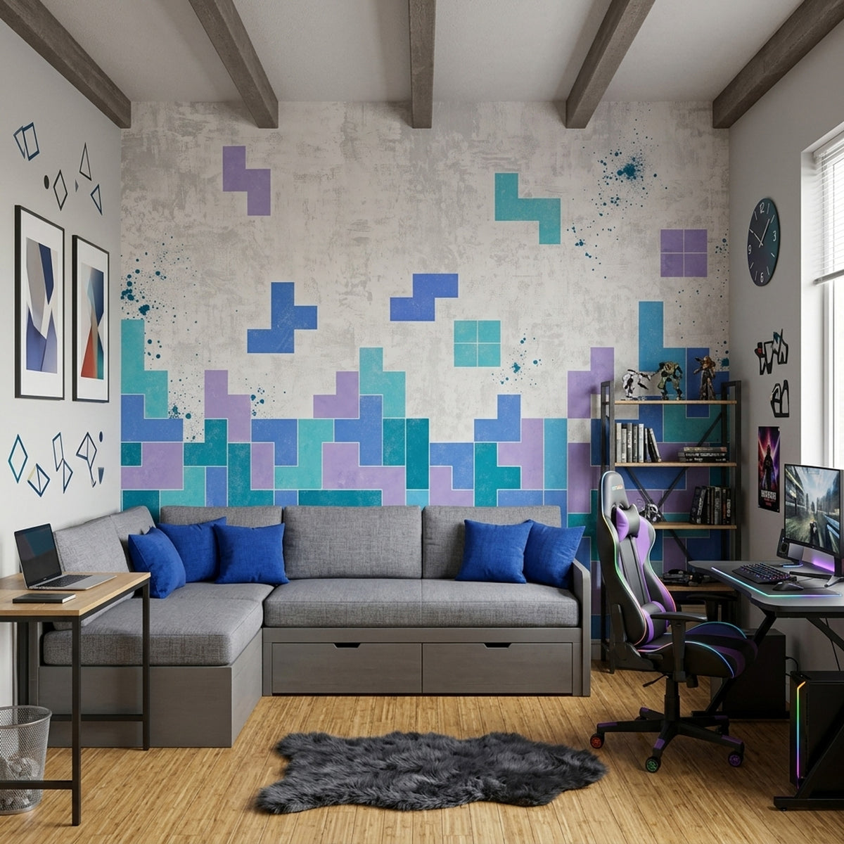 Geometric Blocks Wallpaper Teal Blue Abstract Wall Mural
