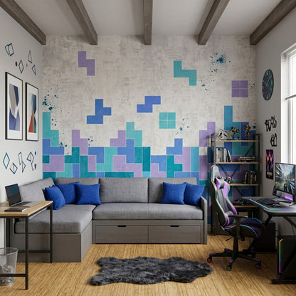 Geometric Blocks Wallpaper Teal Blue Abstract Wall Mural