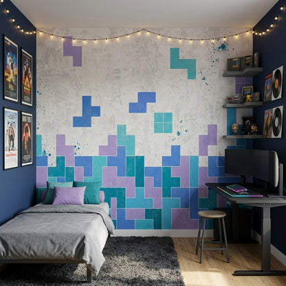 Geometric Blocks Wallpaper Teal Blue Abstract Wall Mural