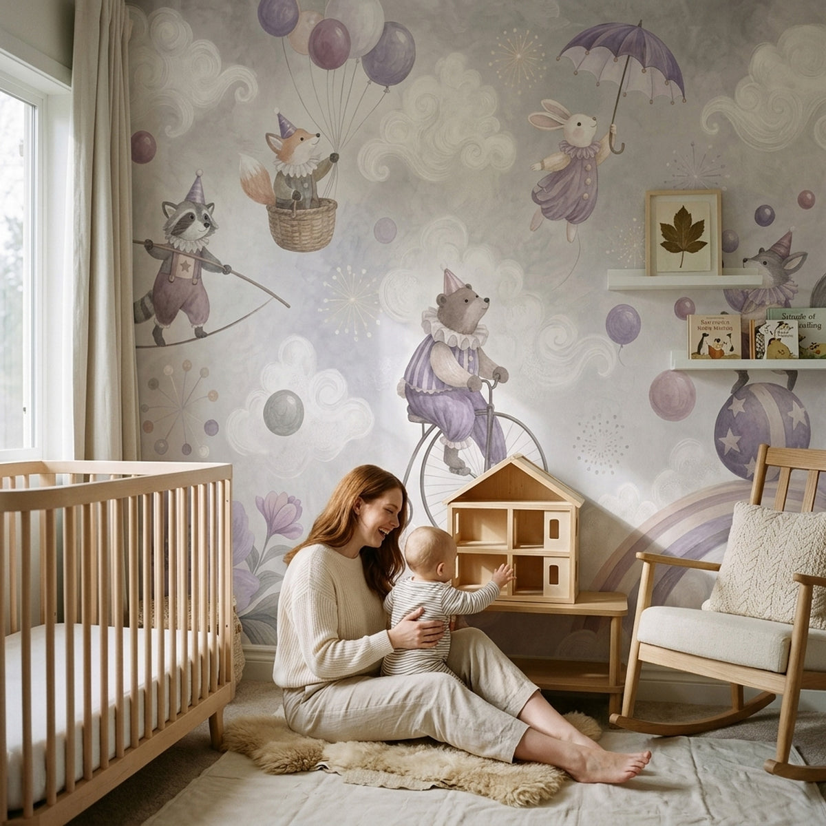 Watercolor Circus Animals Wallpaper Cloudy Sky Wall Mural