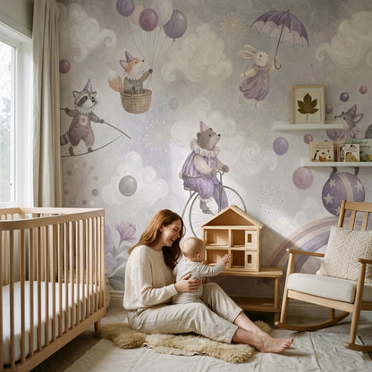 Watercolor Circus Animals Wallpaper Cloudy Sky Wall Mural