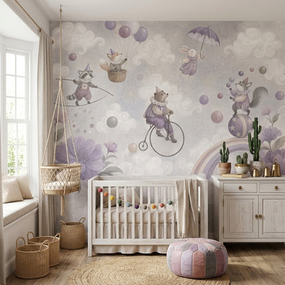 Watercolor Circus Animals Wallpaper Cloudy Sky Wall Mural