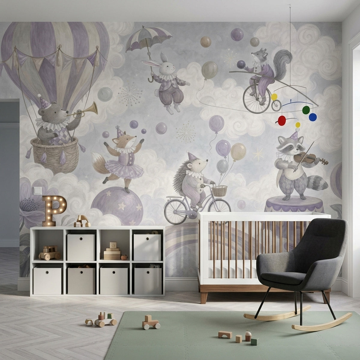 Hot Air Balloon Circus Animals Wallpaper Watercolor Texture Wall Mural