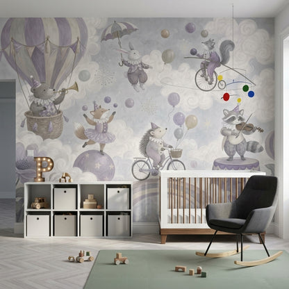 Hot Air Balloon Circus Animals Wallpaper Watercolor Texture Wall Mural
