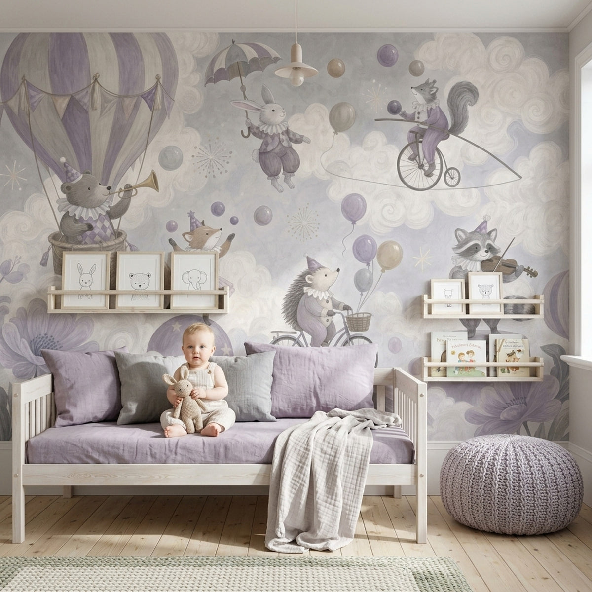 Hot Air Balloon Circus Animals Wallpaper Watercolor Texture Wall Mural