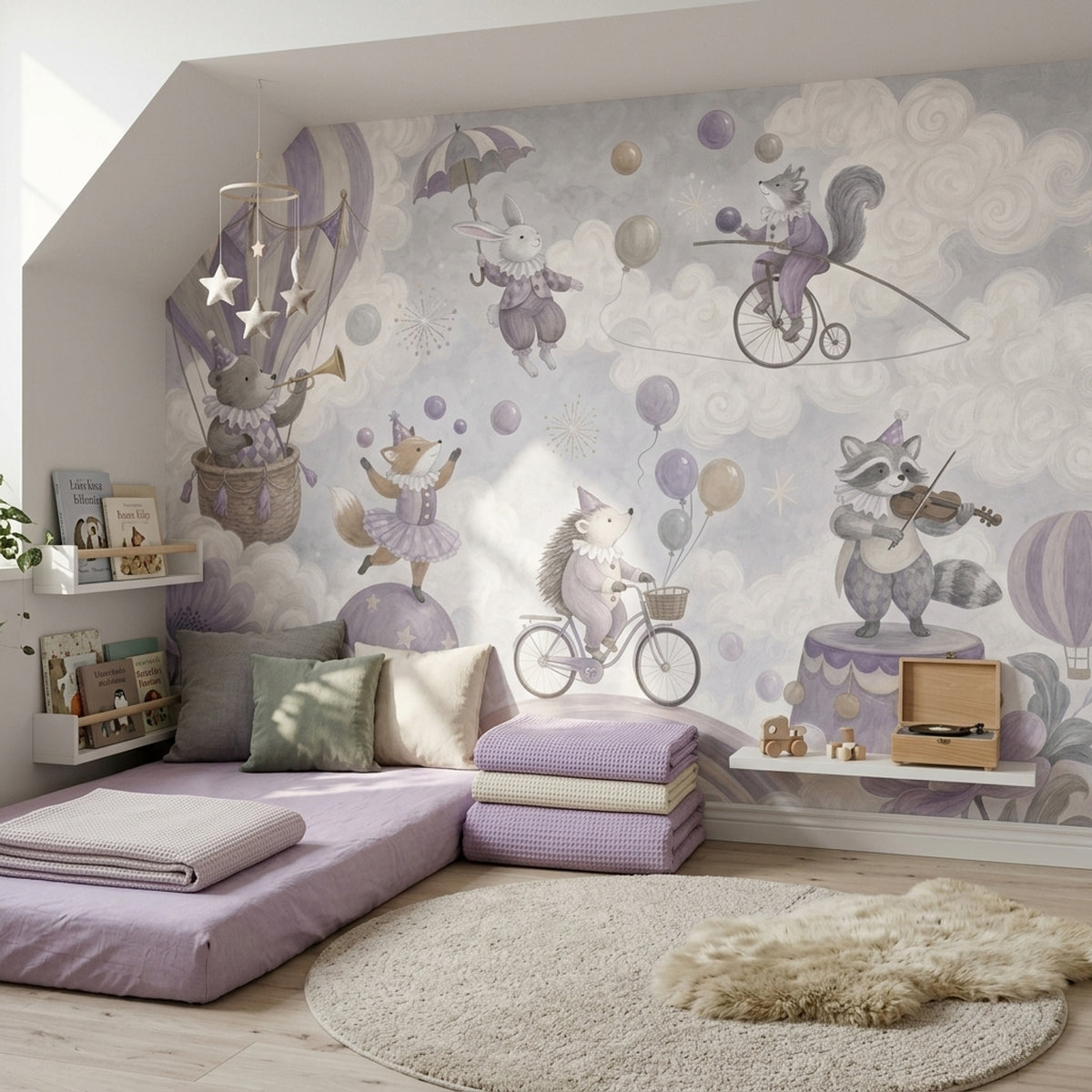 Hot Air Balloon Circus Animals Wallpaper Watercolor Texture Wall Mural