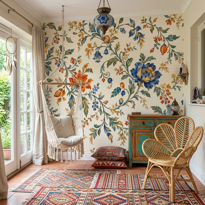 Vintage Botanical Flowers Wallpaper Muted Green Chinoiserie Wall Mural