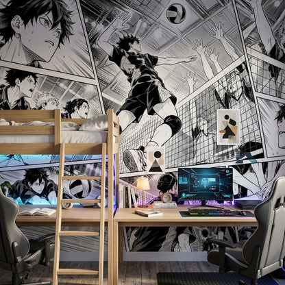 Manga Volleyball Match Wallpaper Black And White Sports Wall Mural