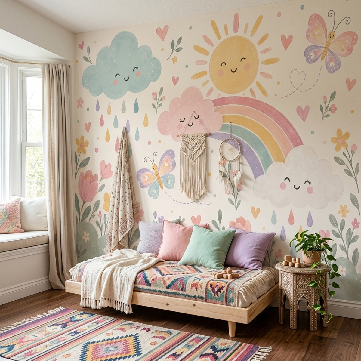 Smiling Clouds Rainbow Wallpaper Pastel Nursery Wall Mural