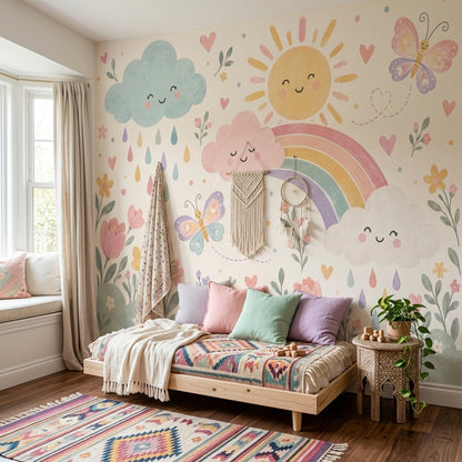 Smiling Clouds Rainbow Wallpaper Pastel Nursery Wall Mural