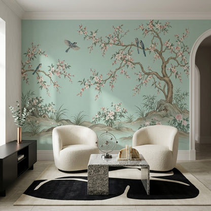 Blossom Tree And Birds Wallpaper Mint Green Chinoiserie Wall Mural