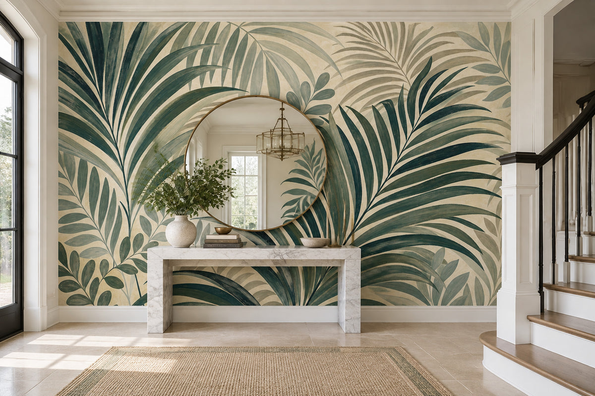 Layered Palm Leaves Wallpaper Cream Botanical Wall Mural