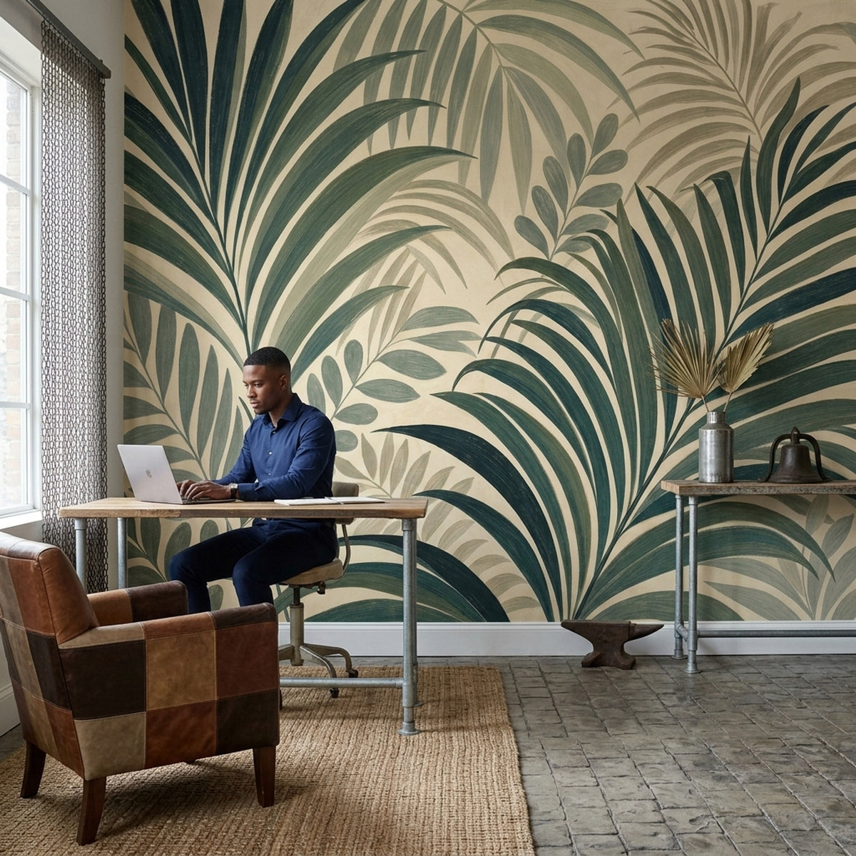 Layered Palm Leaves Wallpaper Cream Botanical Wall Mural