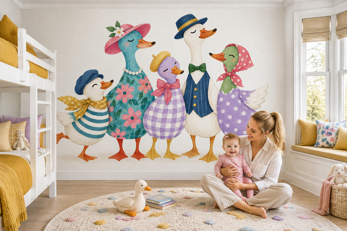 Whimsical Ducks Wallpaper Watercolor Garden Wall Mural
