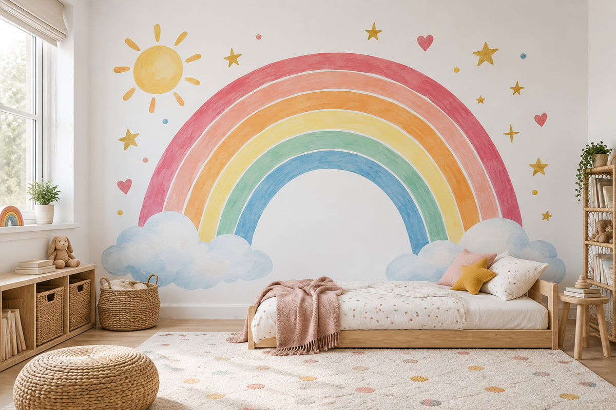 Watercolor Rainbow Wallpaper Pastel Clouds Wall Mural