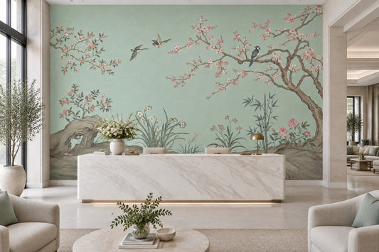 Chinoiserie Cherry Blossoms Wallpaper Bamboo Garden Wall Mural