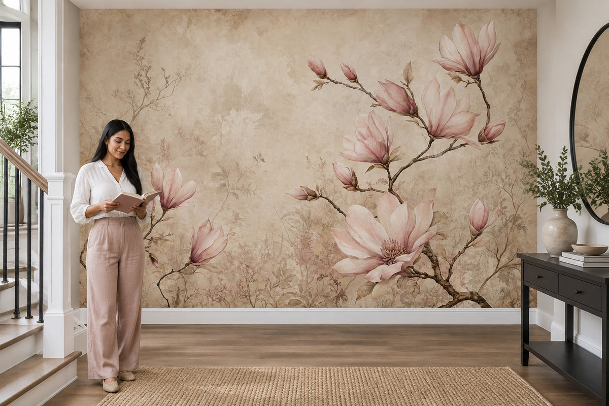 Soft Pink Magnolia Wallpaper Vintage Botanical Wall Mural