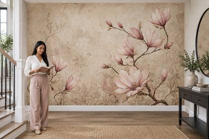 Soft Pink Magnolia Wallpaper Vintage Botanical Wall Mural