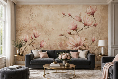 Soft Pink Magnolia Wallpaper Vintage Botanical Wall Mural