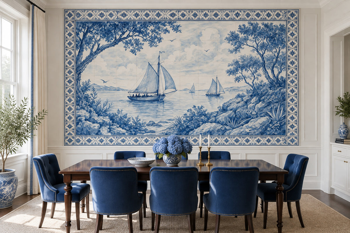 Sailboat Seascape Wallpaper Vintage Tile Border Wall Mural
